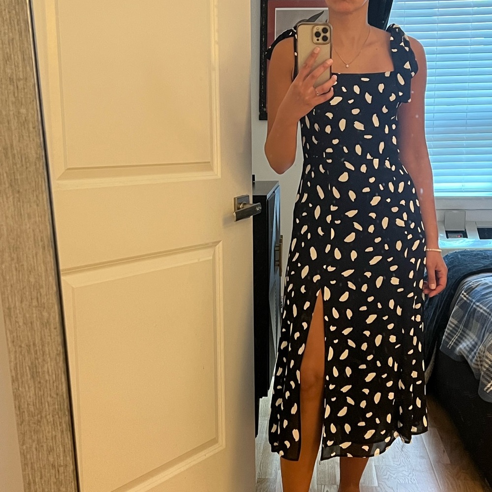 Reformation black and white spotted midi dress